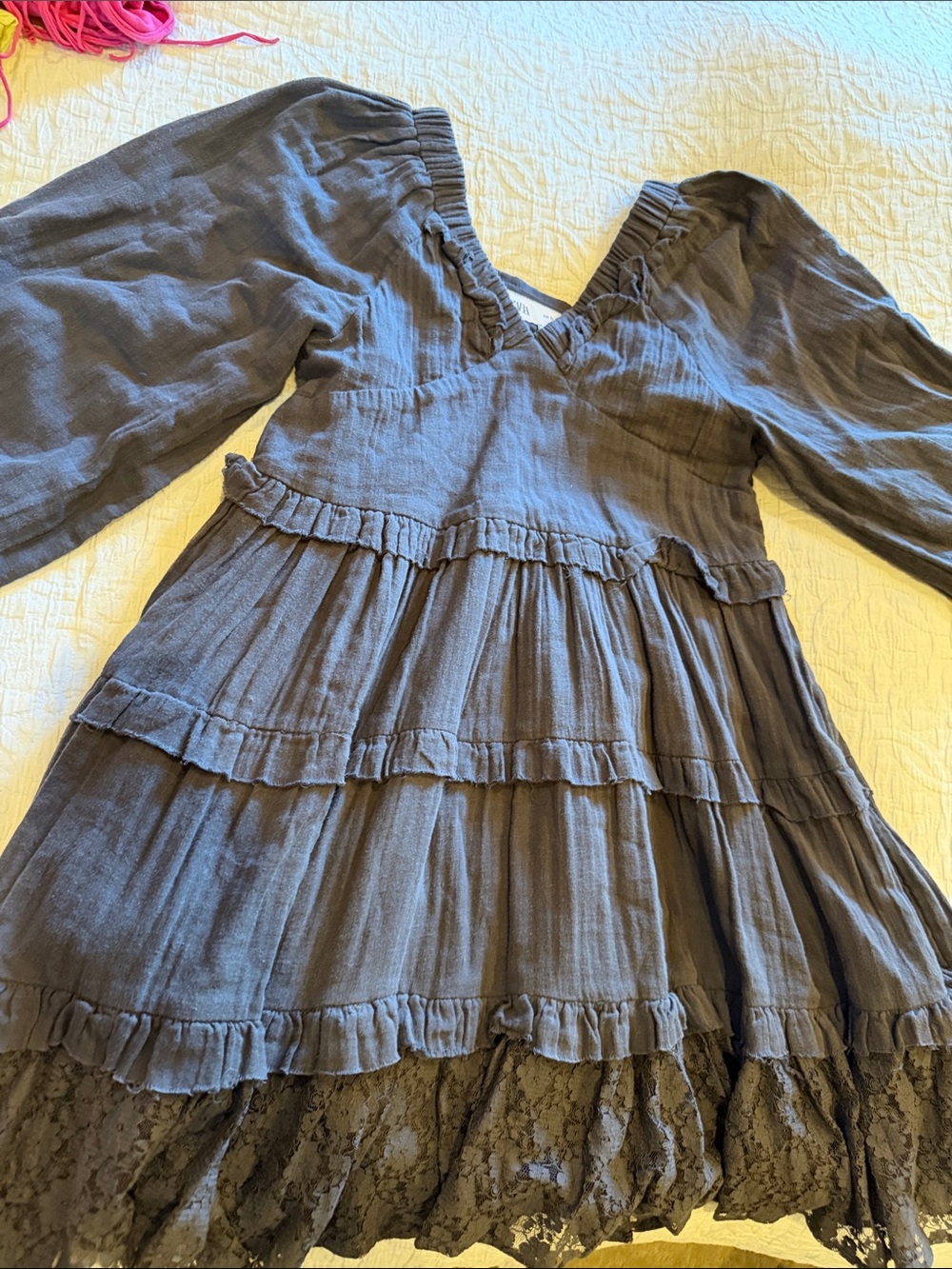 Zara Girls Gray Tiered Ruffle Dress with Lace Hem